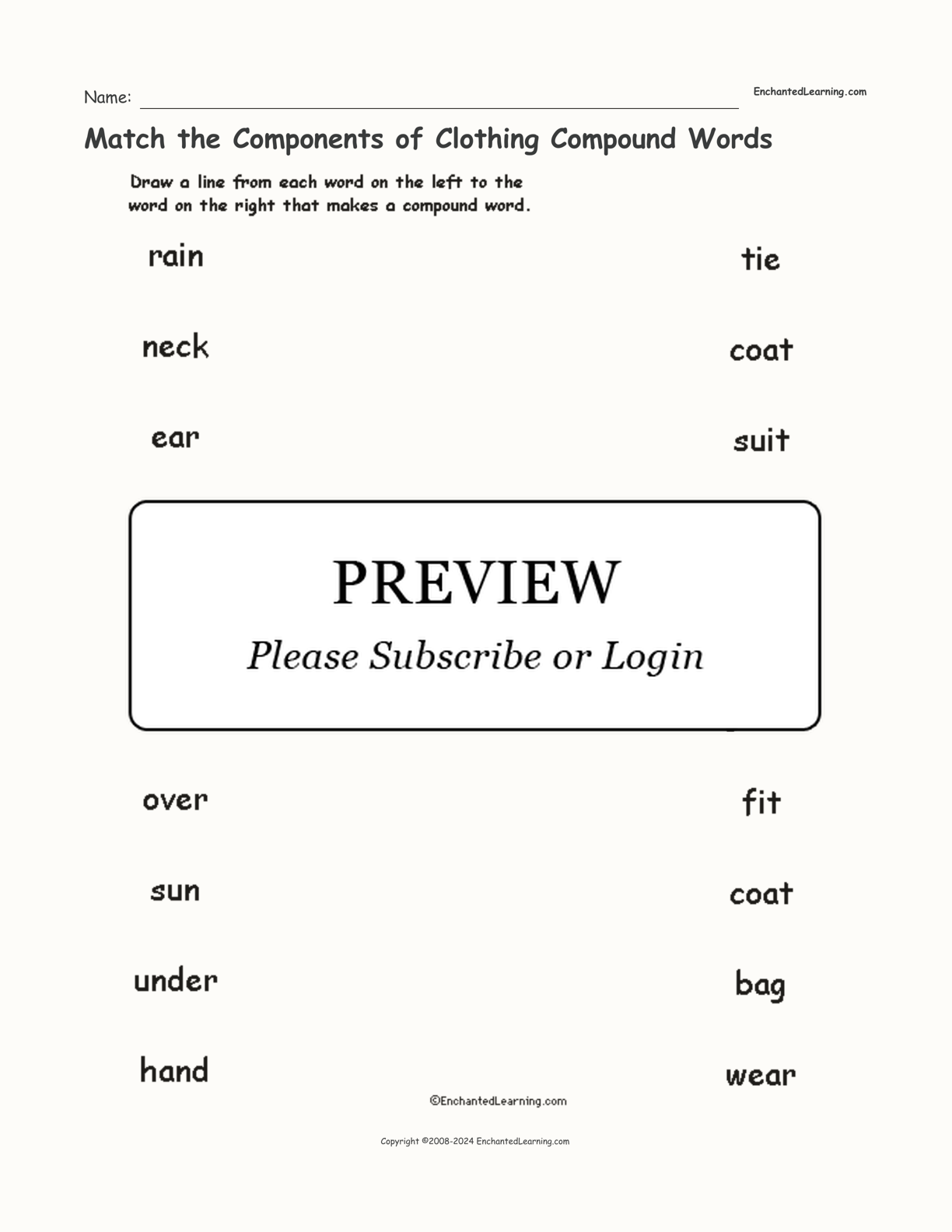 Match the Components of Clothing Compound Words interactive worksheet page 1