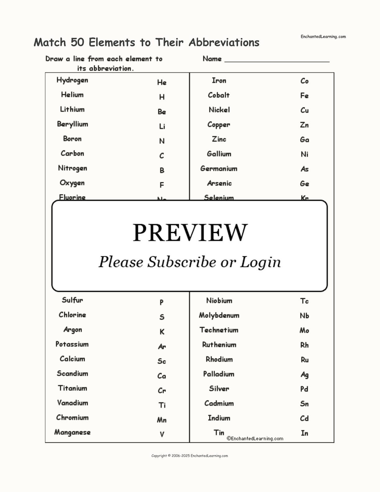 Match 50 Elements to Their Abbreviations interactive worksheet page 1