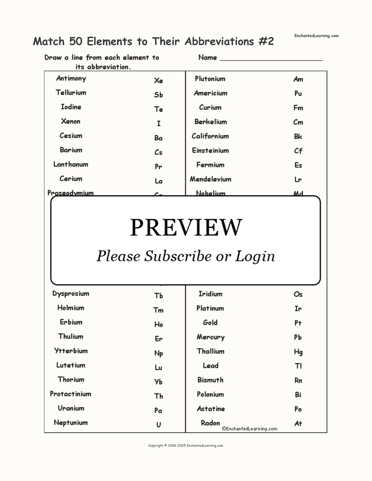 Match 50 Elements to Their Abbreviations #2 interactive worksheet page 1