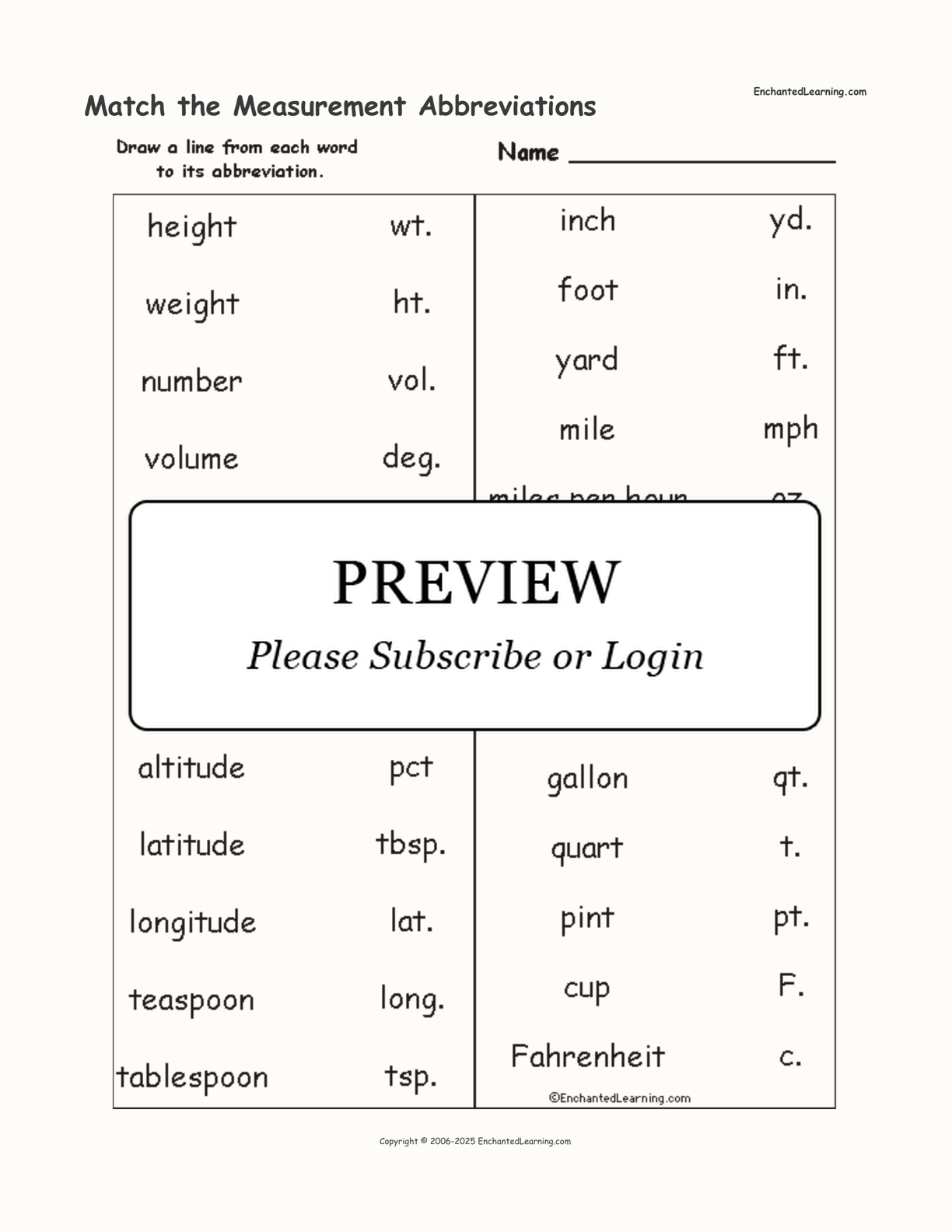 Match the Measurement Abbreviations interactive worksheet page 1