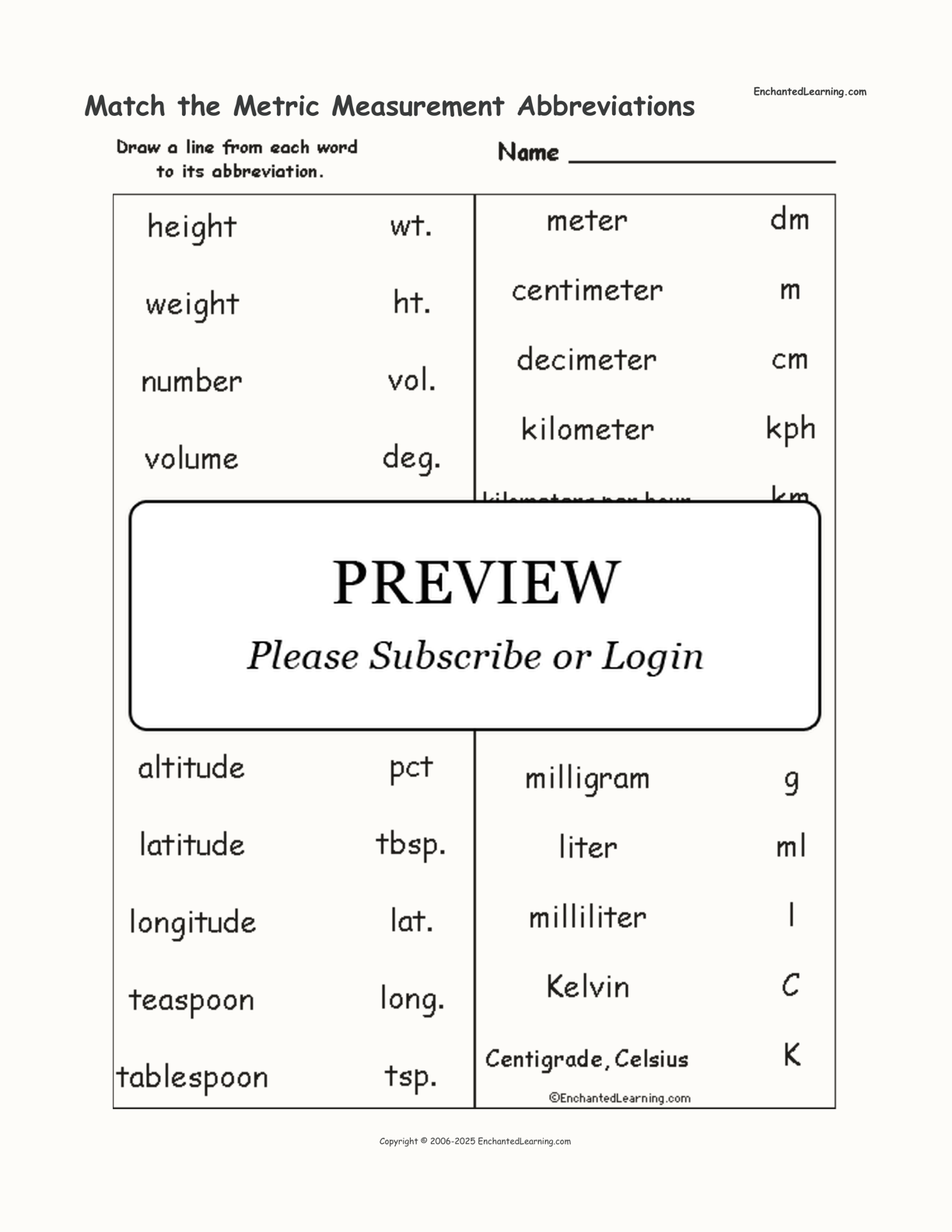 Match the Metric Measurement Abbreviations interactive worksheet page 1