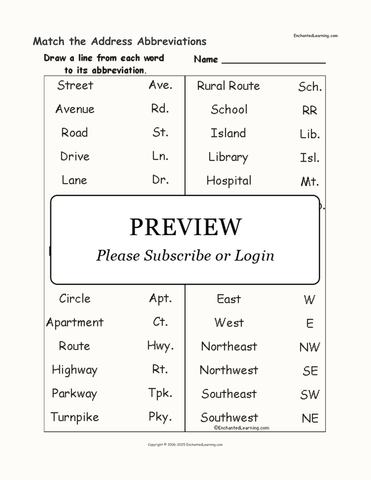 Match the Address Abbreviations interactive worksheet page 1