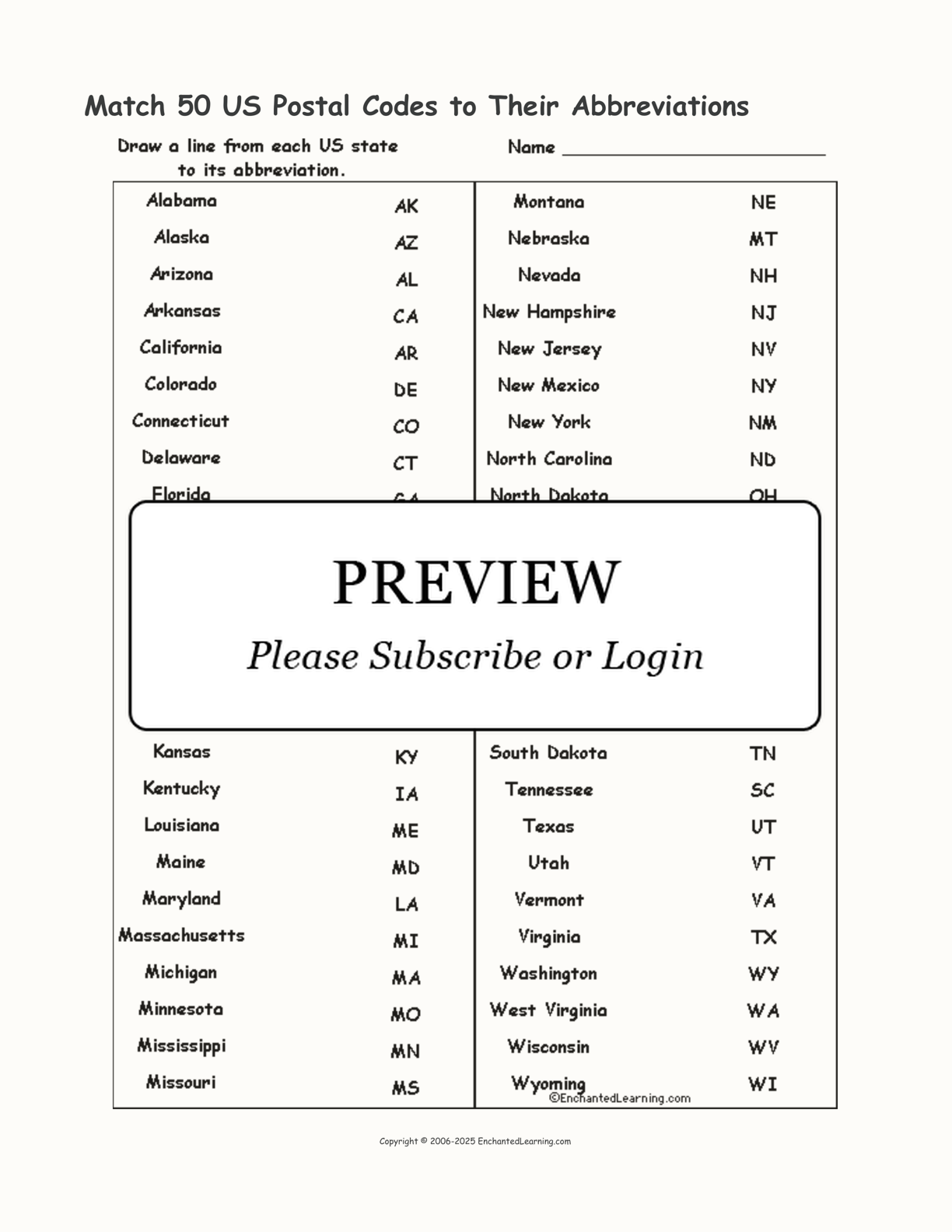 Match 50 US Postal Codes to Their Abbreviations interactive worksheet page 1