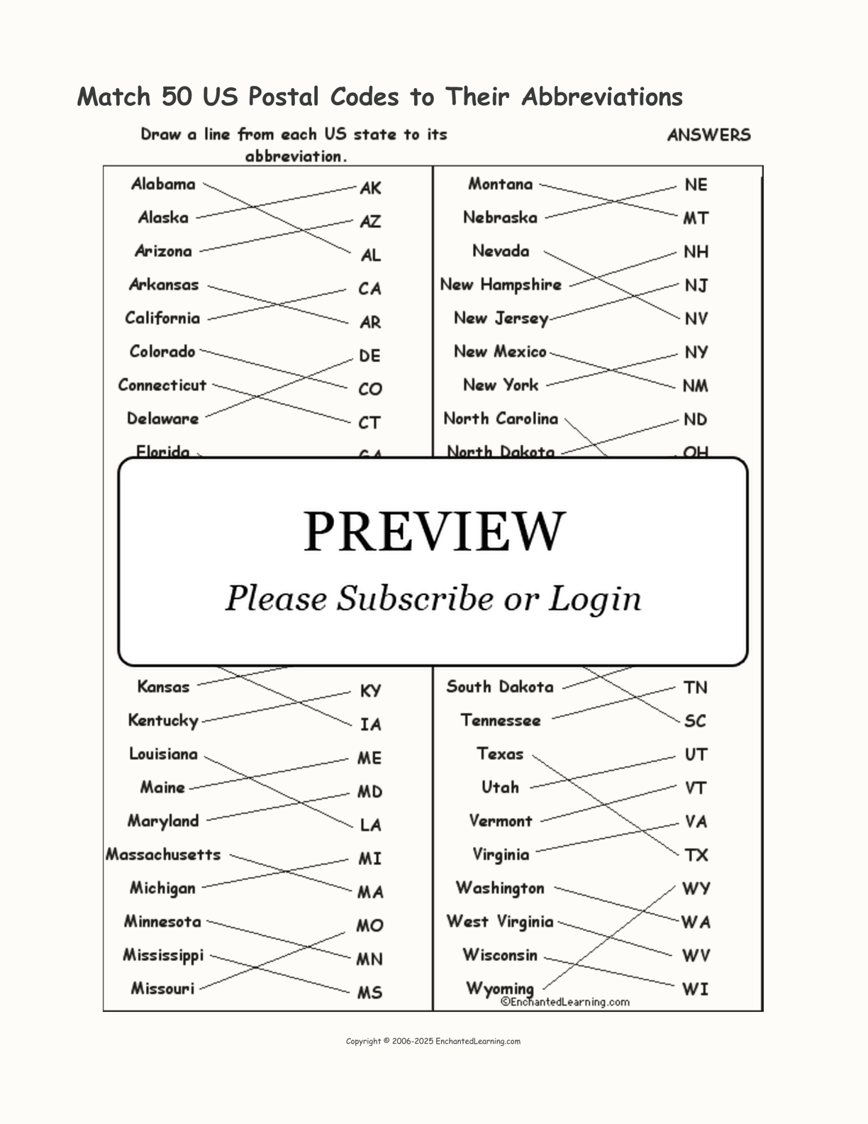 Match 50 US Postal Codes to Their Abbreviations interactive worksheet page 2