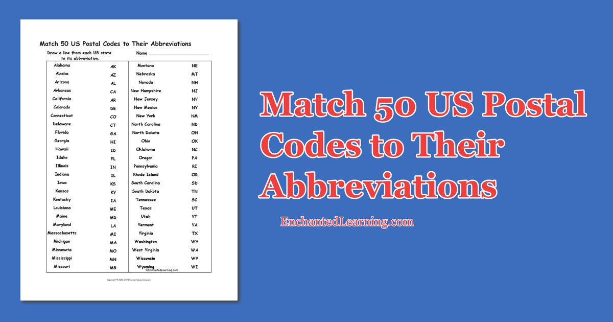 Match 50 US Postal Codes to Their Abbreviations Enchanted Learning