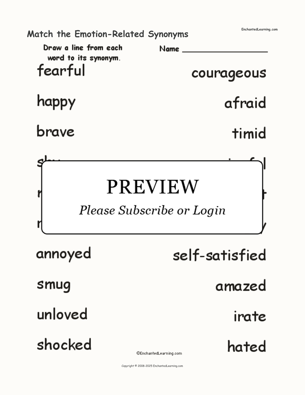 Match the Emotion-Related Synonyms interactive worksheet page 1