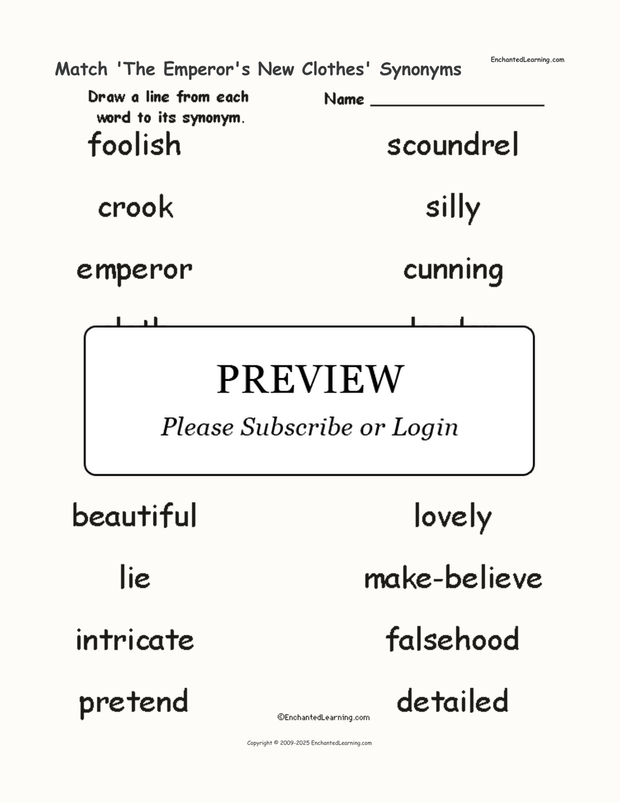 Match 'The Emperor's New Clothes' Synonyms interactive worksheet page 1