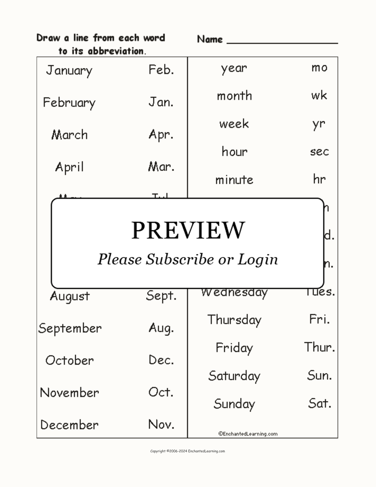 Match the Time Abbreviations interactive worksheet page 1