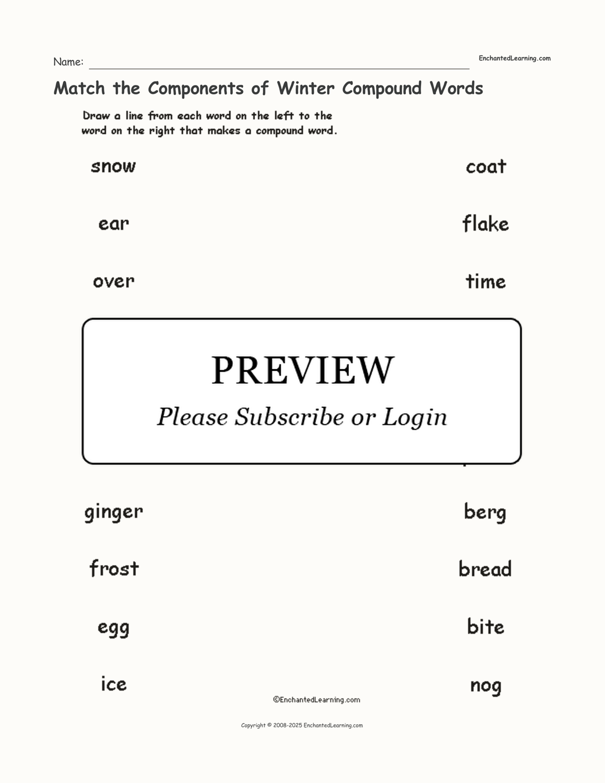 Match the Components of Winter Compound Words interactive worksheet page 1