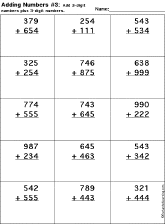 Addition Printout: 3 Digits + 3 Digits worksheet thumbnail