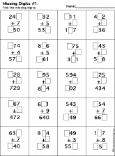 Addition Printout: Find the Missing Digits worksheet thumbnail