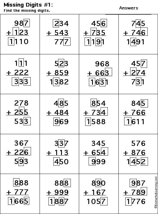 Search result: 'Addition Printout: Find the Missing Digits Worksheet Printout #1 Answers'