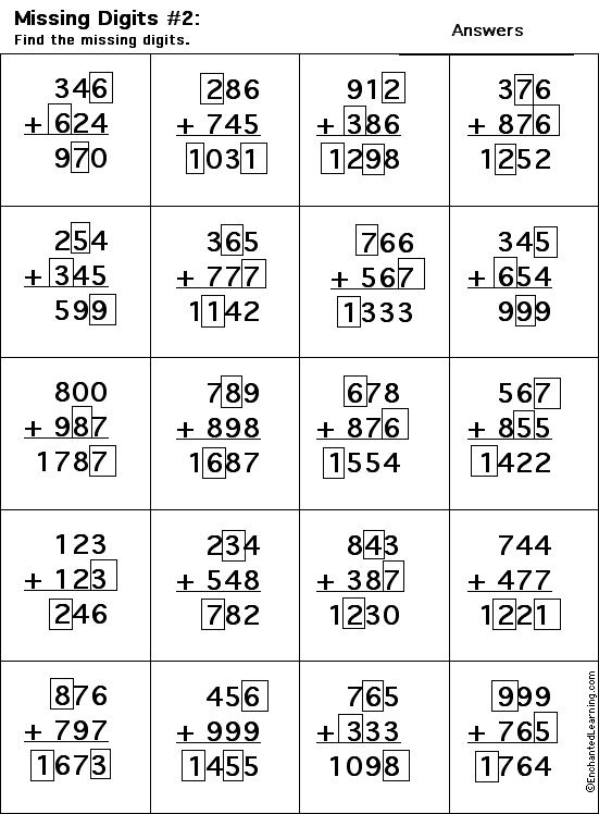 Search result: 'Addition Printout: Find the Missing Digits Worksheet Printout #2 Answers'