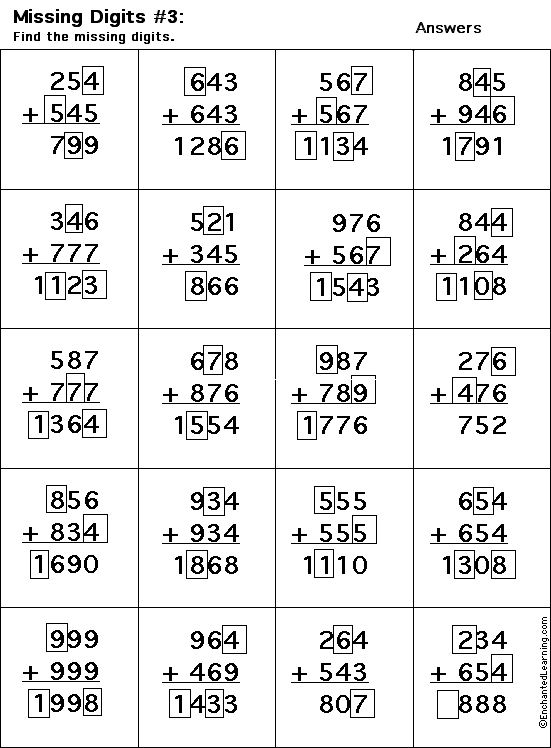 Search result: 'Addition Printout: Find the Missing Digits Worksheet Printout #3 Answers'