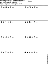 Addition Printout: Add Strings of Three Numbers worksheet thumbnail