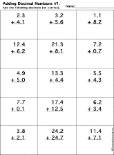 Adding Decimal Numbers worksheet thumbnail