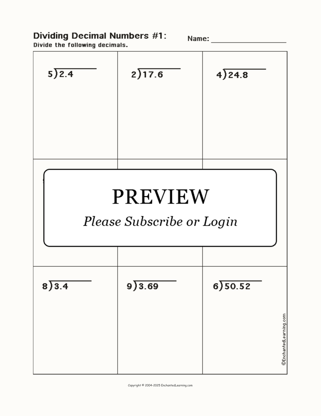 Dividing Decimal Numbers, Worksheet #1 interactive worksheet page 1