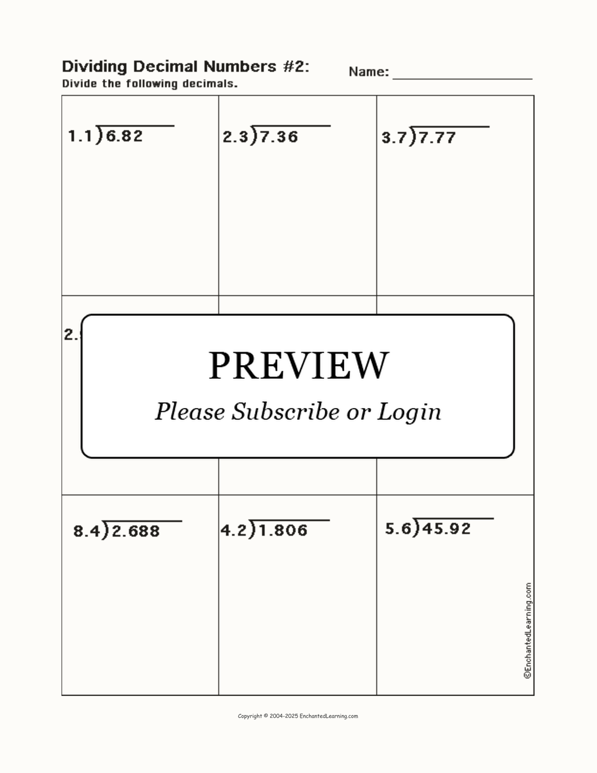 Dividing Decimal Numbers, Worksheet #2 interactive worksheet page 1