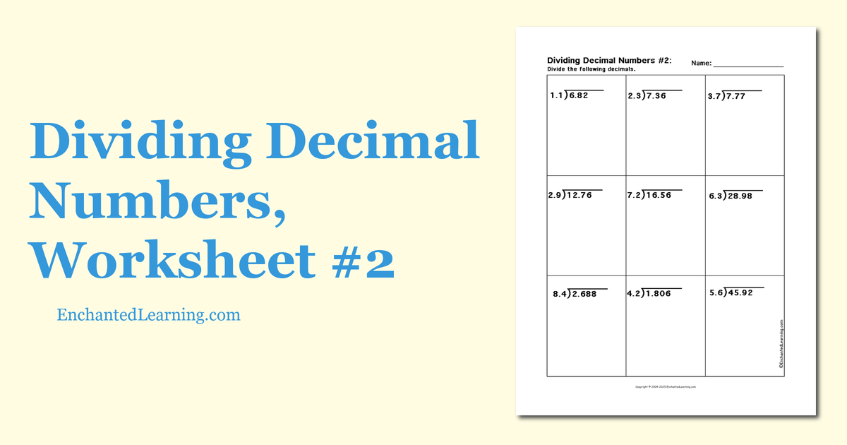Dividing Decimal Numbers, Worksheet 2 Enchanted Learning