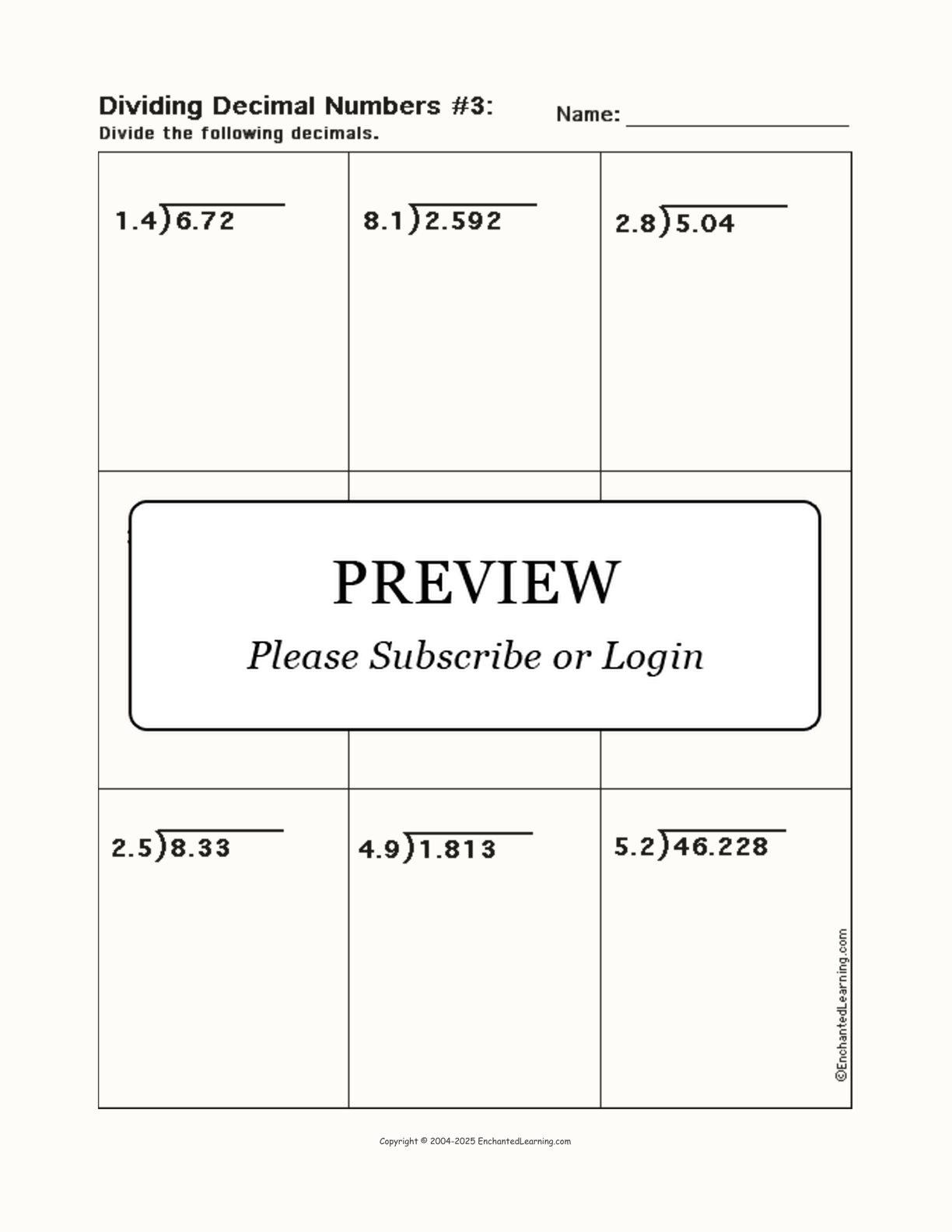 Dividing Decimal Numbers, Worksheet #3 interactive worksheet page 1