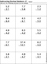 Subtracting Decimal Numbers worksheet thumbnail