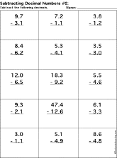 Subtracting Decimal Numbers worksheet thumbnail