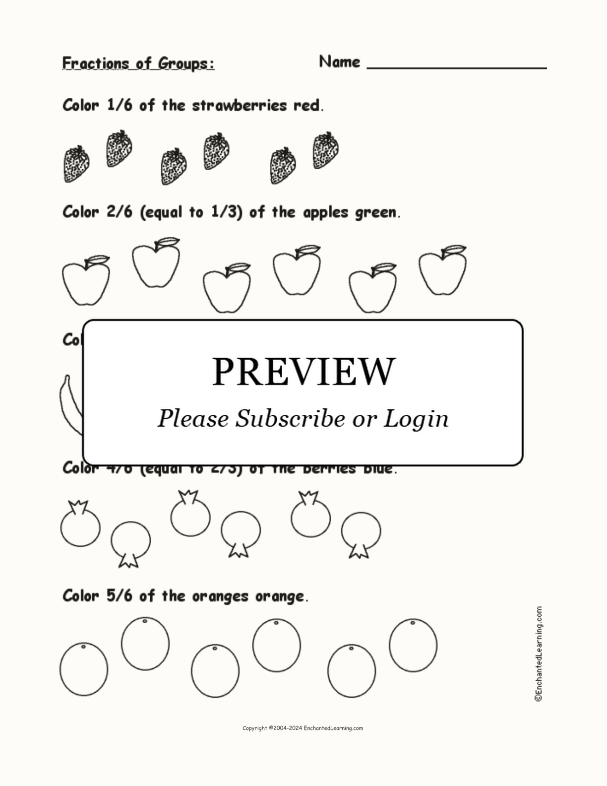 Color Fractions of Groups of Fruit interactive worksheet page 1