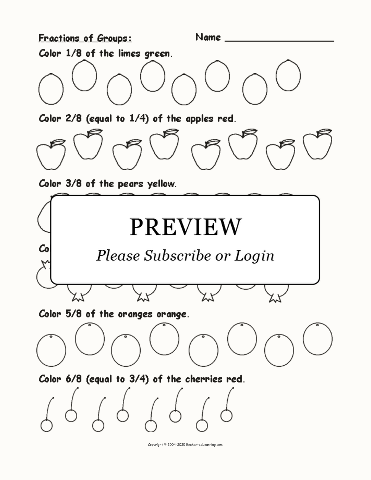 Color Fractions of Groups of Fruit - Eighths interactive worksheet page 1