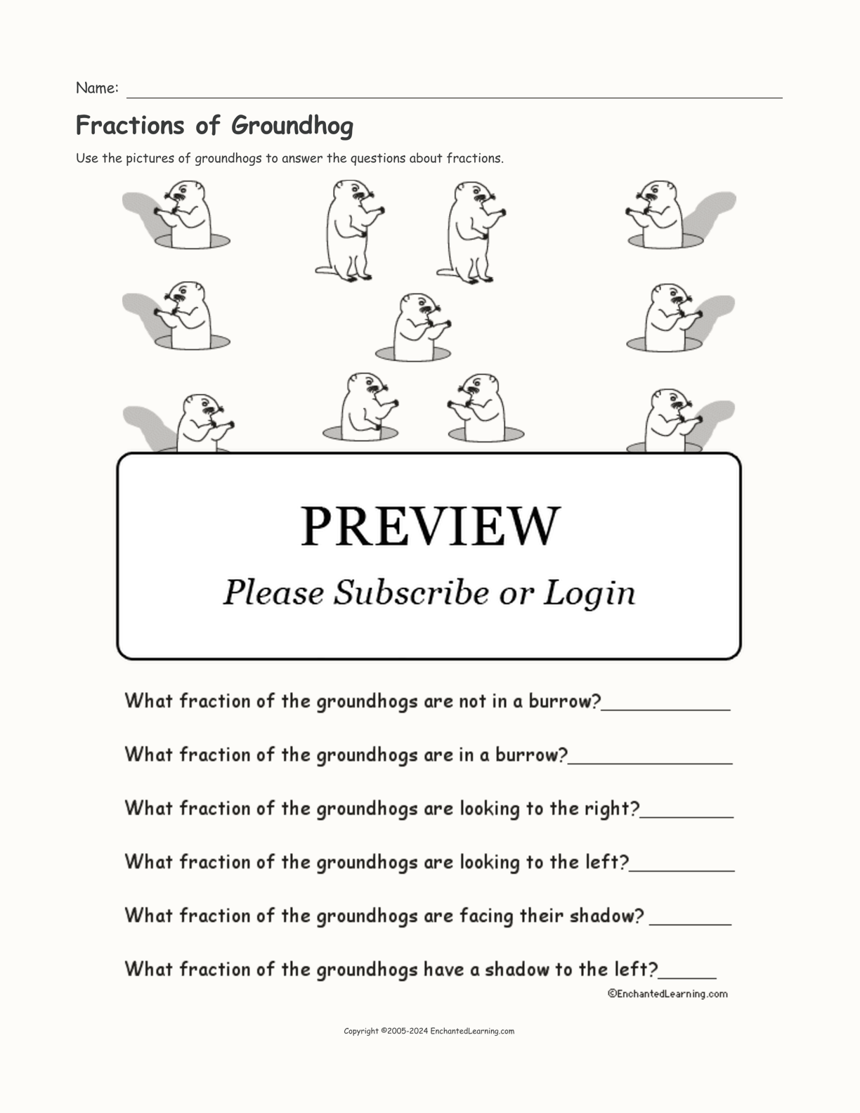 Fractions of Groundhog interactive worksheet page 1