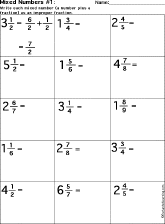 Search result: 'Converting Mixed Numbers to Improper Fractions Worksheet Printout #1'