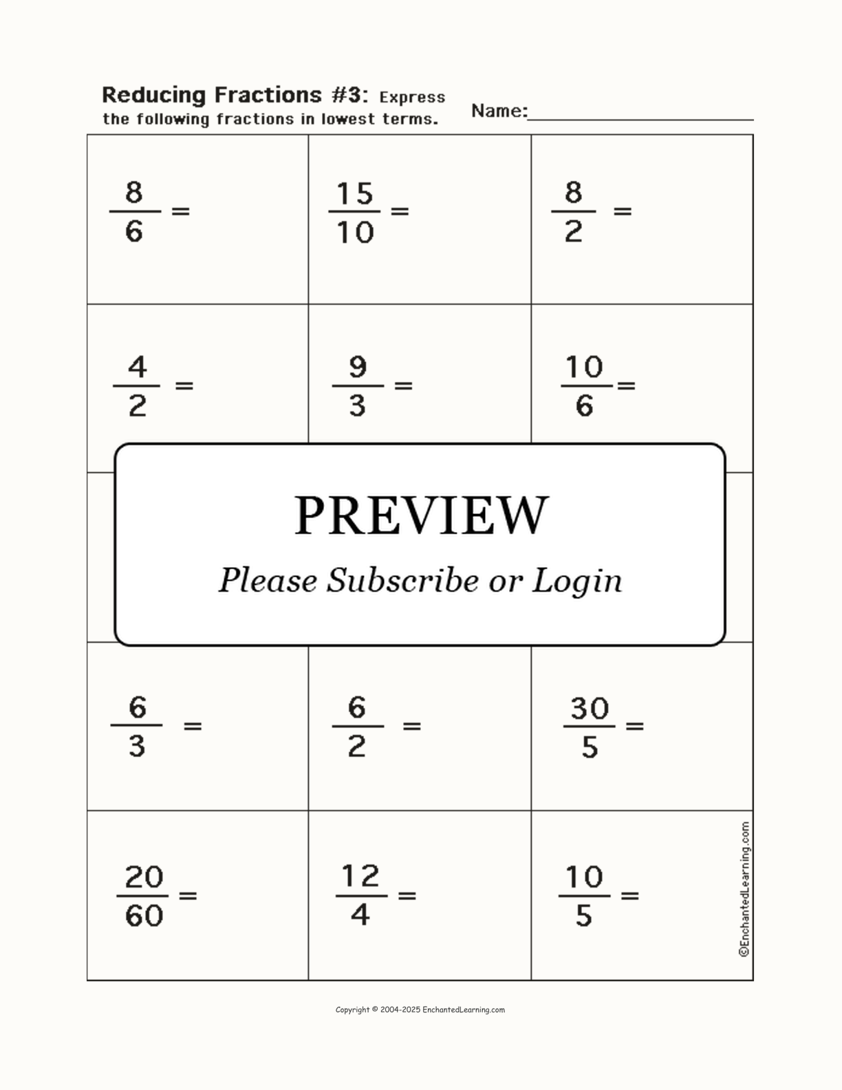 Reducing Fractions Worksheet #3 interactive worksheet page 1