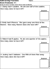 Search result: 'Subtracting Fractions Word Problems Worksheet Printout #1'