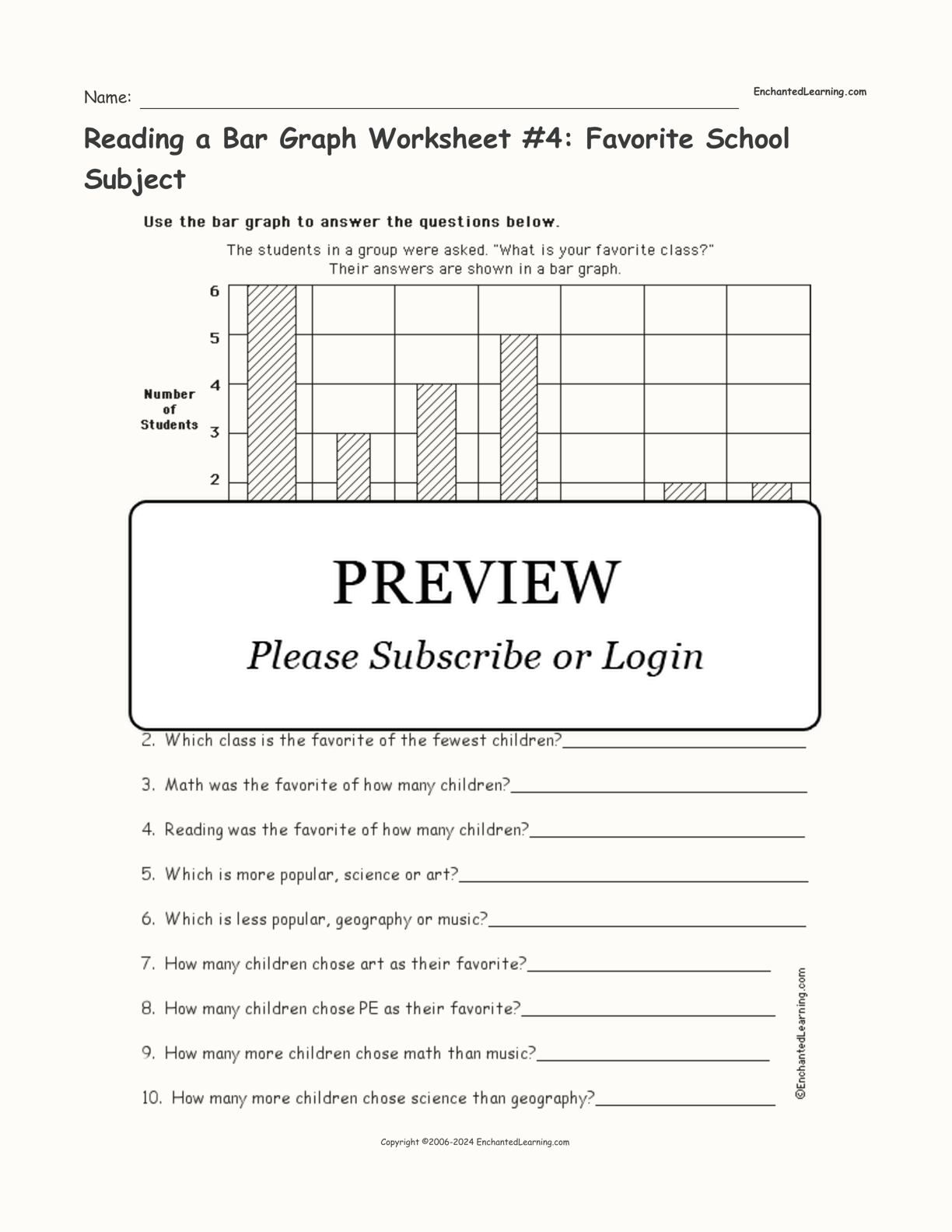 Reading a Bar Graph Worksheet #4: Favorite School Subject interactive worksheet page 1