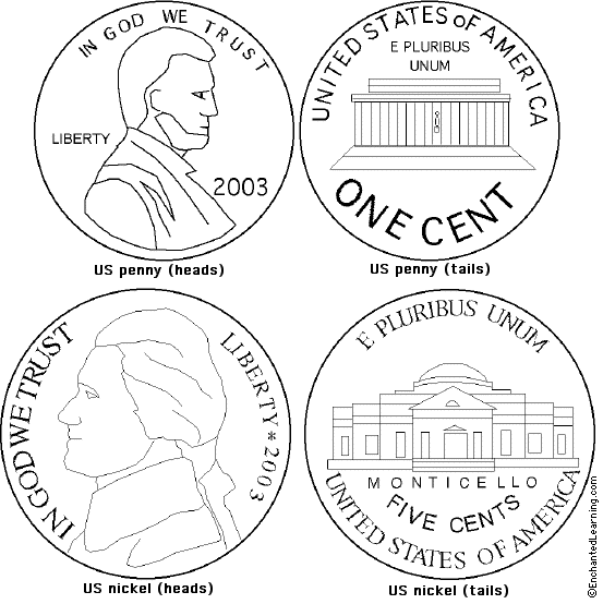 Search result: 'US Penny and Nickel Coloring Page Printout'