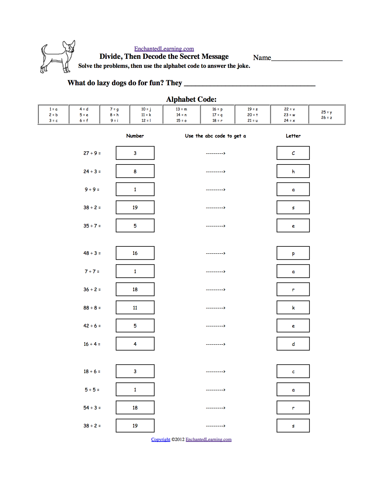 Solve, Then Decode: Arithmetic Worksheets - EnchantedLearning.com For Get The Message Math Worksheet
