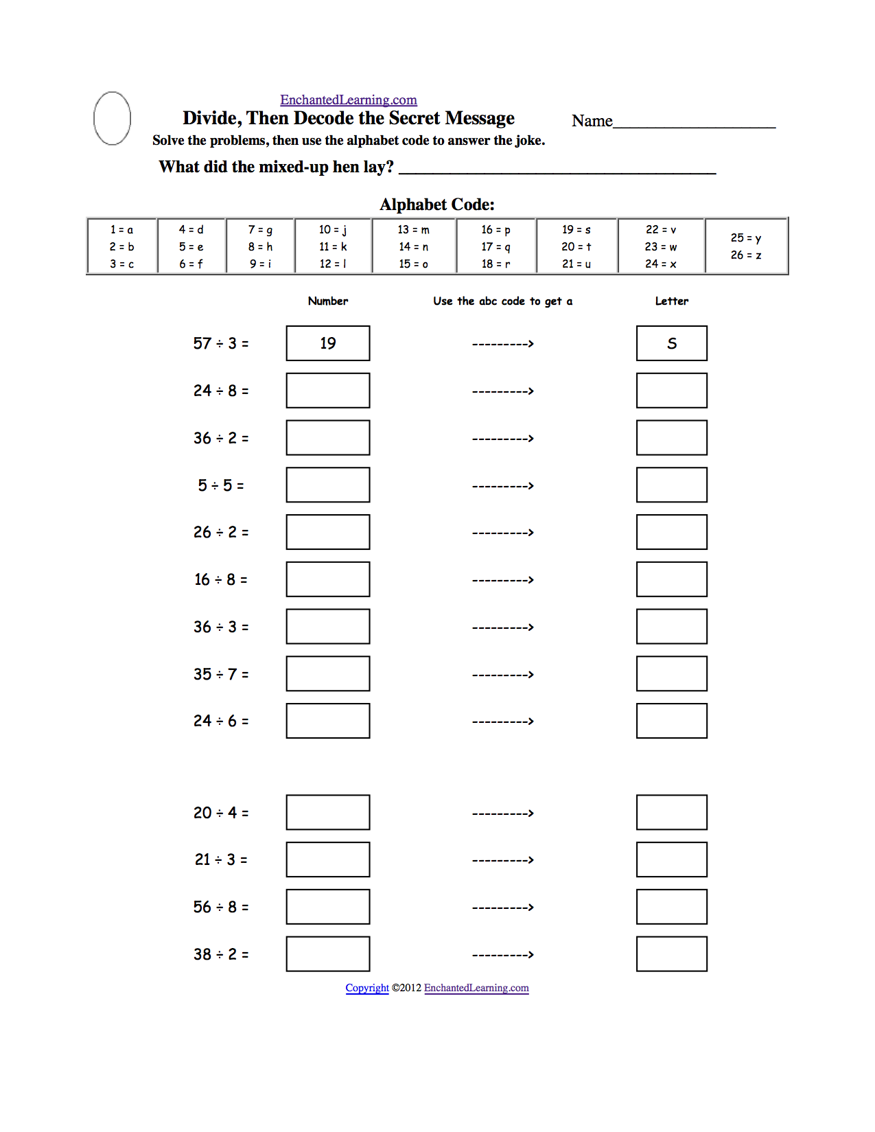 Solve, Then Decode: Arithmetic Worksheets - EnchantedLearning.com With Get The Message Math Worksheet