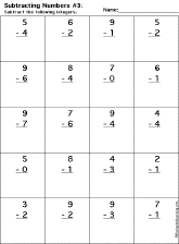 Subtraction Printout: 1 Digit - 1 Digit worksheet thumbnail