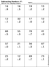 Subtraction Printout: 2 Digits - 1 Digit worksheet thumbnail