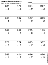 Subtraction Printout: 3 Digits - 1 Digit worksheet thumbnail