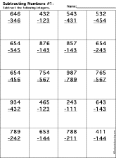 Subtraction Printout: 3 Digits - 3 Digits worksheet thumbnail