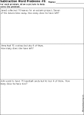 Subtraction Printout: Subtracting Two Numbers Word Problems worksheet thumbnail