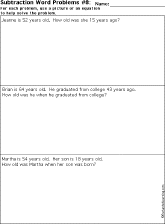 Subtraction Printout: Subtracting Two Numbers Word Problems worksheet thumbnail