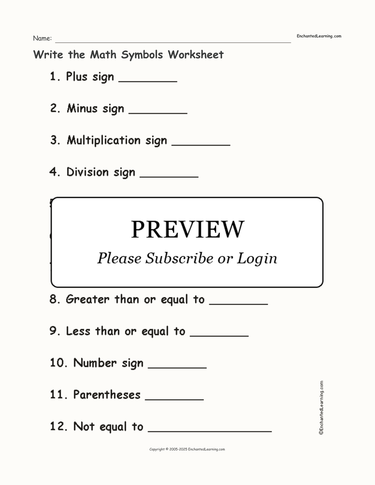 Write the Math Symbols Worksheet interactive worksheet page 1