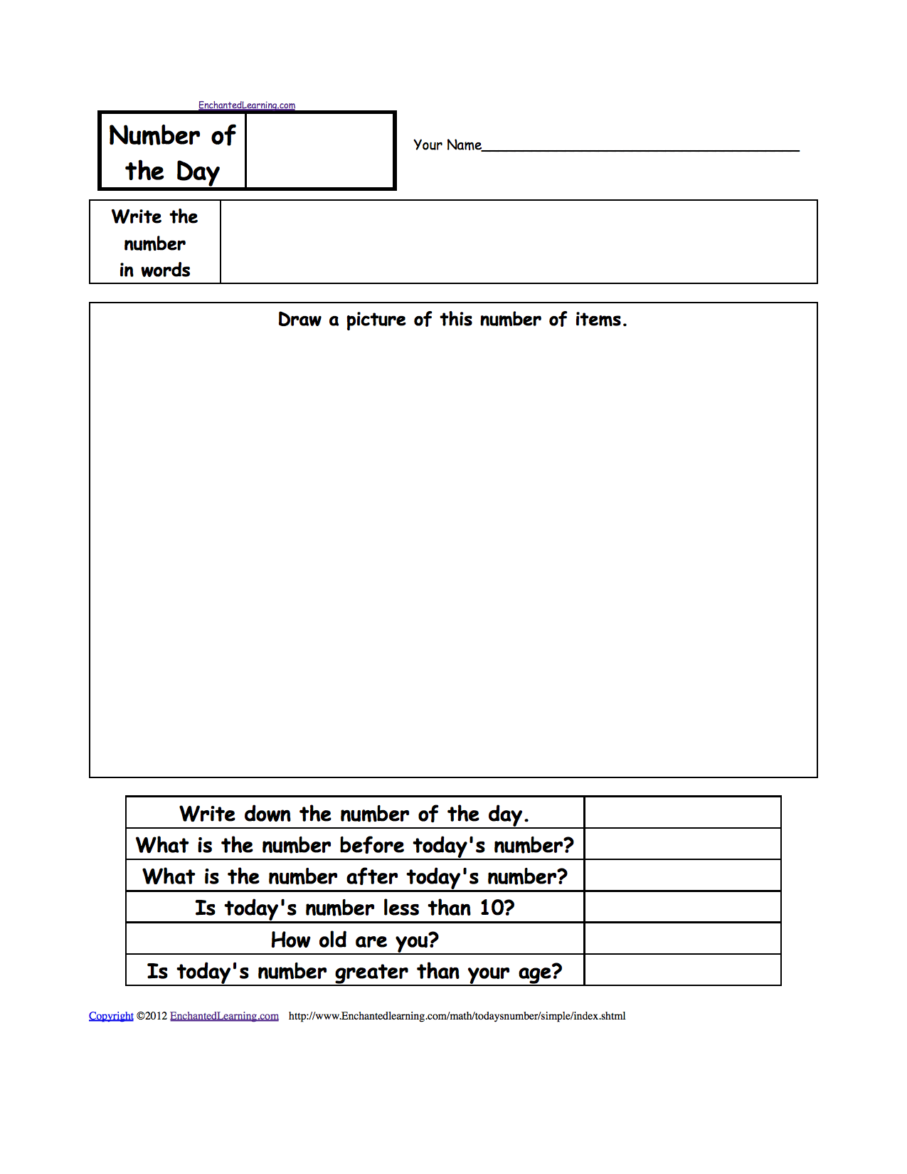 Number of the Day Worksheets - EnchantedLearning.com Regarding Number Of The Day Worksheet