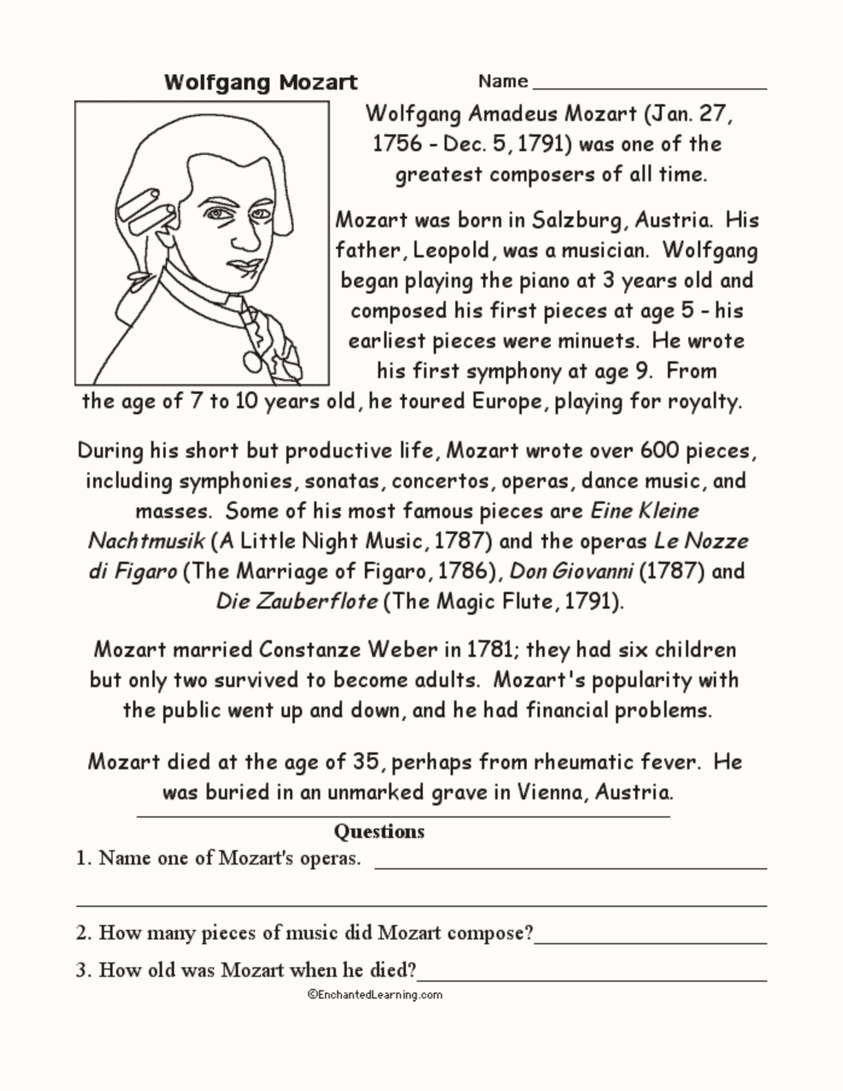Wolfgang Mozart Question and Answer interactive worksheet page 1