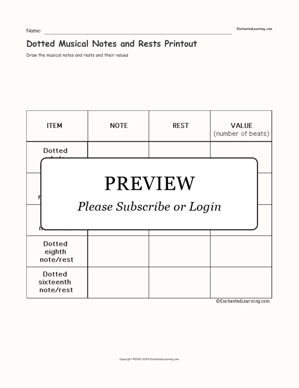 Dotted Musical Notes and Rests Printout interactive worksheet page 1