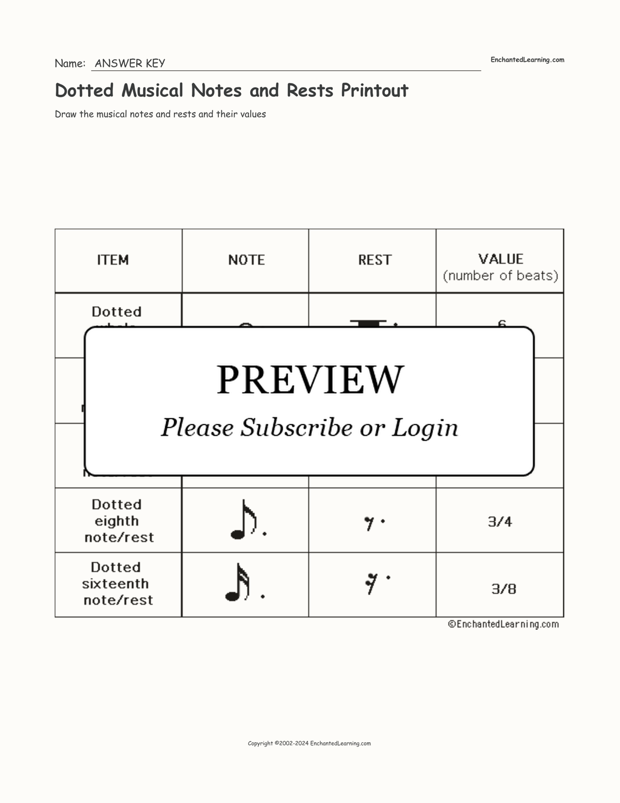 Dotted Musical Notes and Rests Printout interactive worksheet page 2