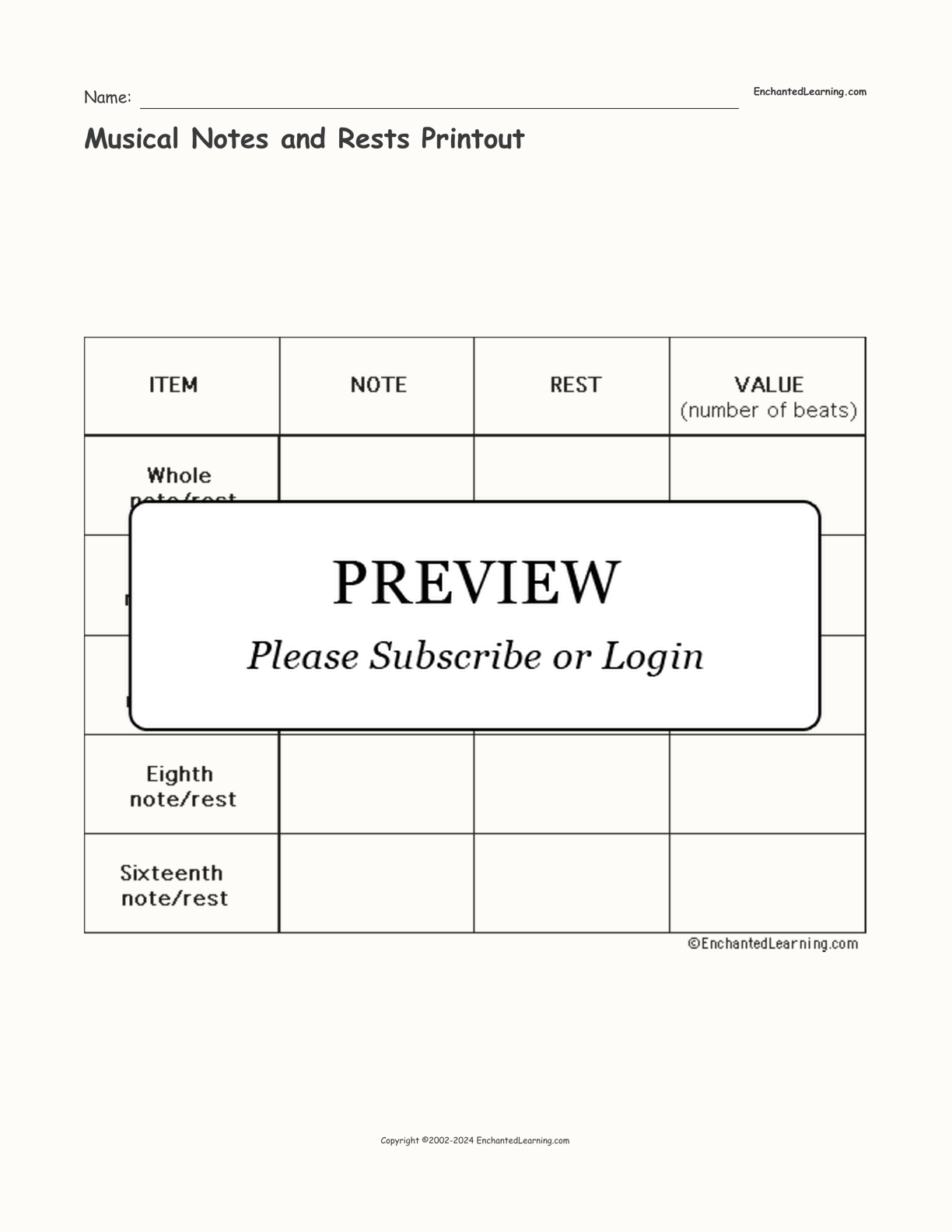 Musical Notes and Rests Printout interactive worksheet page 1