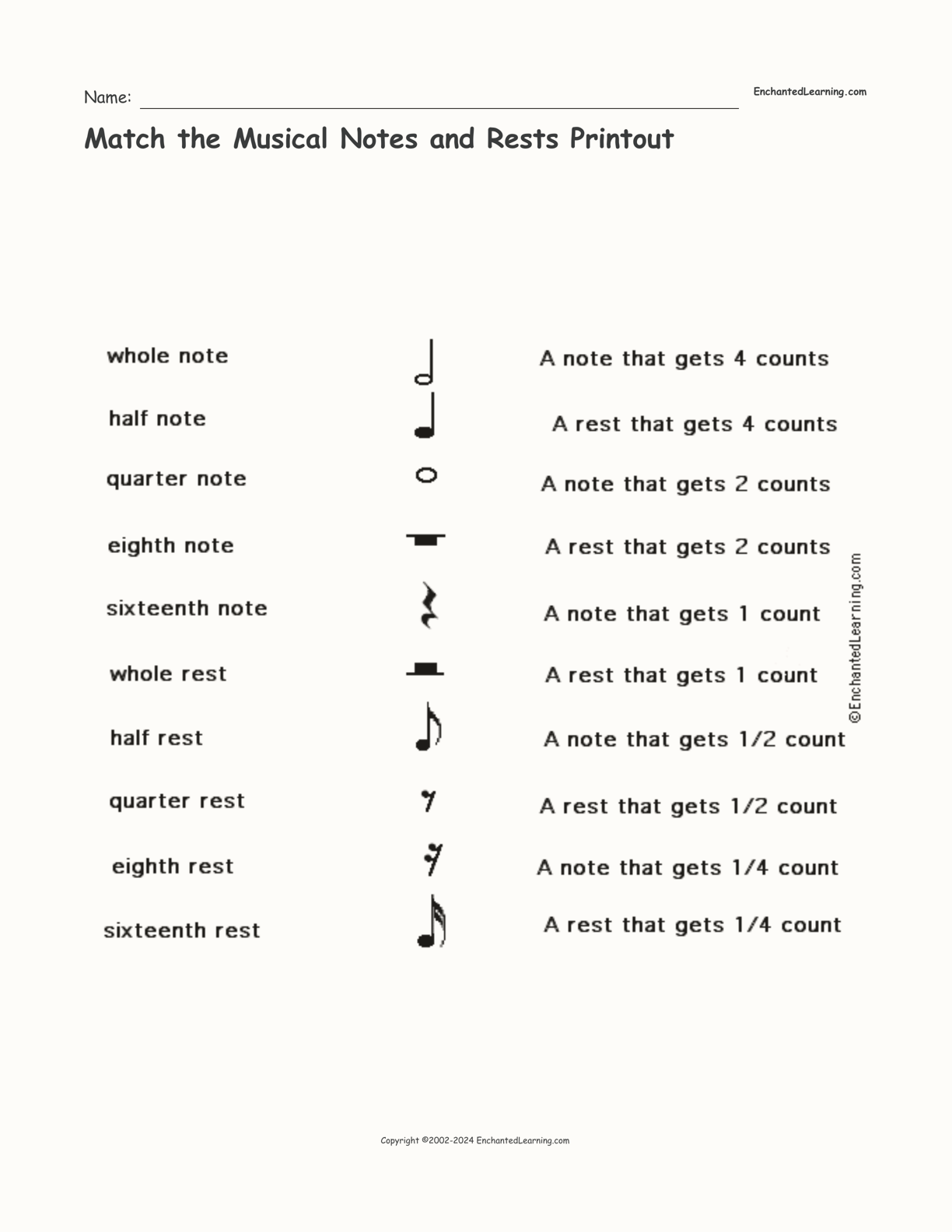 Match the Musical Notes and Rests Printout interactive worksheet page 1