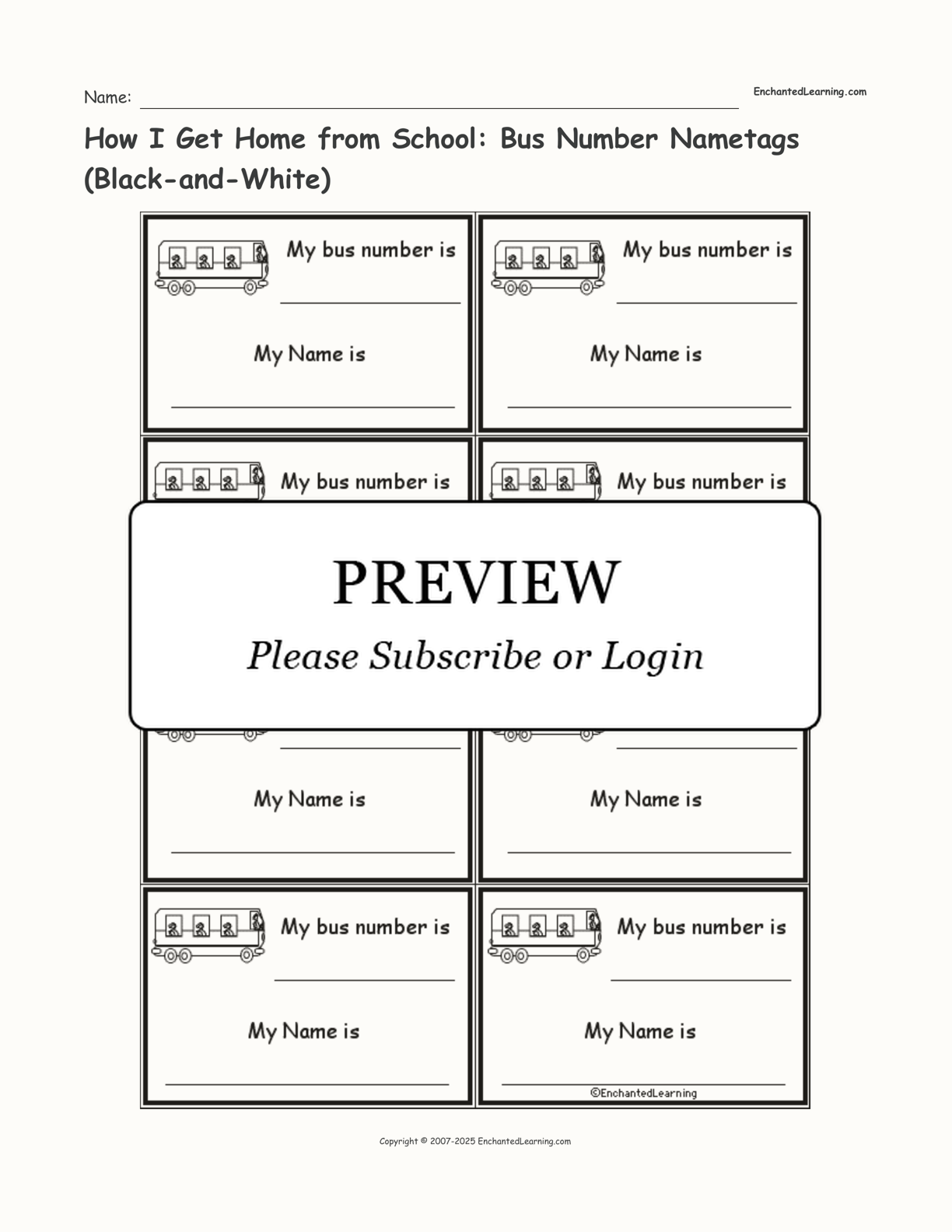 How I Get Home from School: Bus Number Nametags (Black-and-White) interactive printout page 1